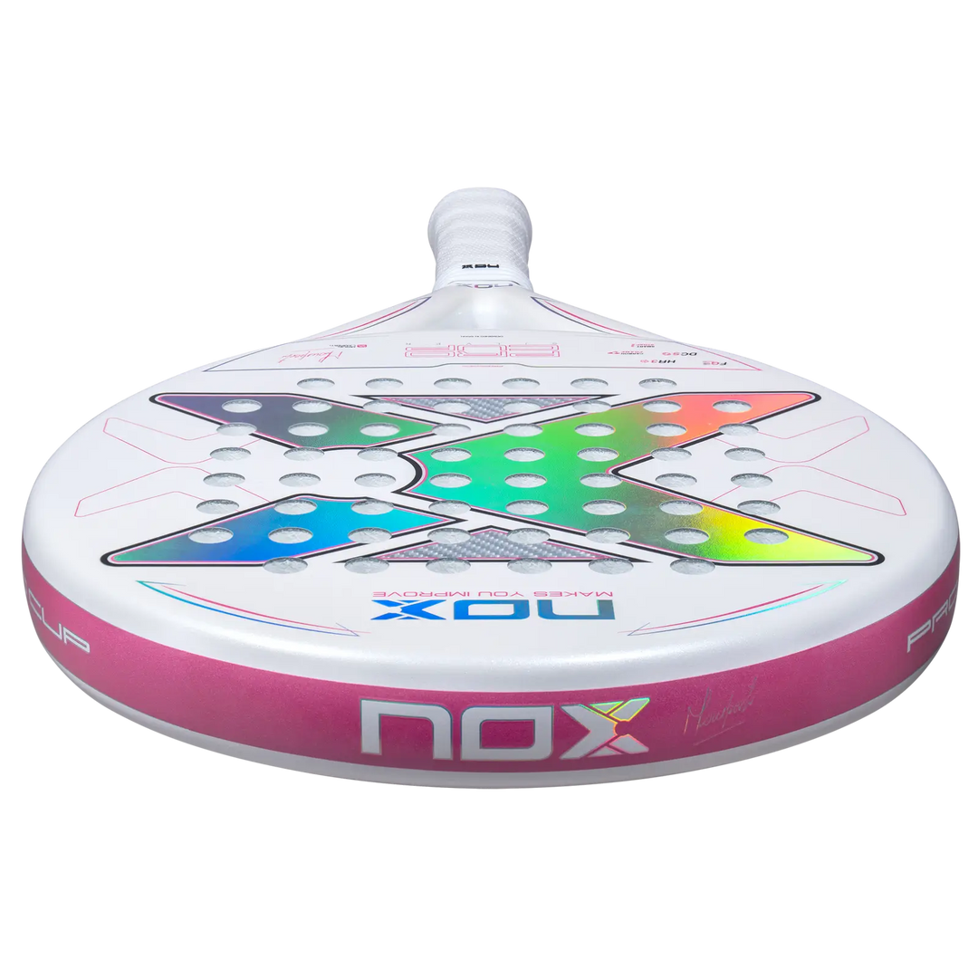 Nox ML10 Pro Cup Silver 2027 padel racket low-angle view showing iridescent face design and pink frame