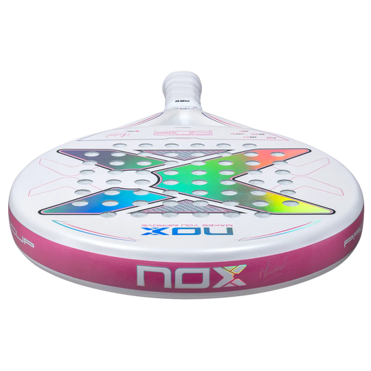 Nox ML10 Pro Cup Silver 2027 padel racket low-angle view showing iridescent face design and pink frame