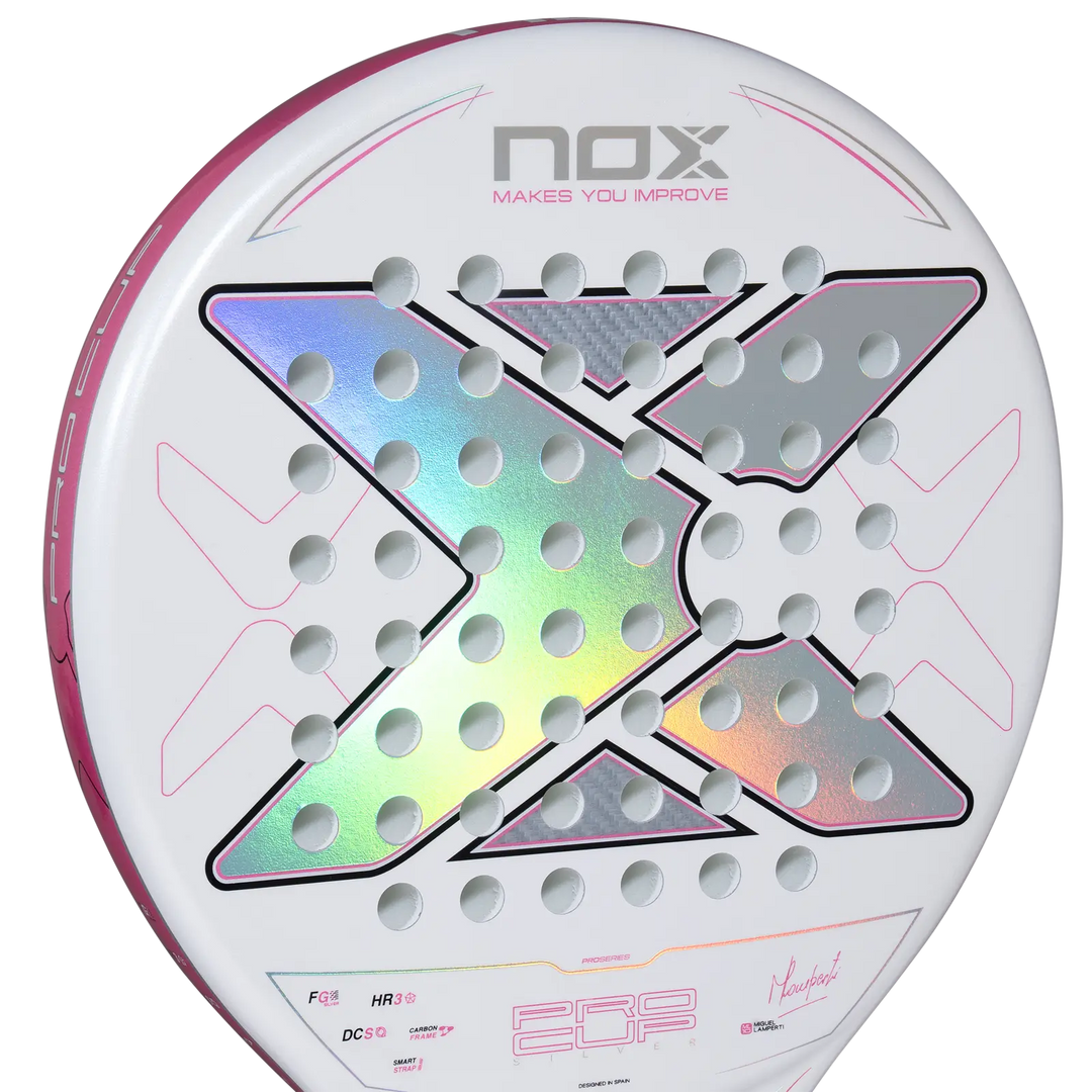 Nox ML10 Pro Cup Silver 2027 padel racket close-up showing iridescent X design on white face