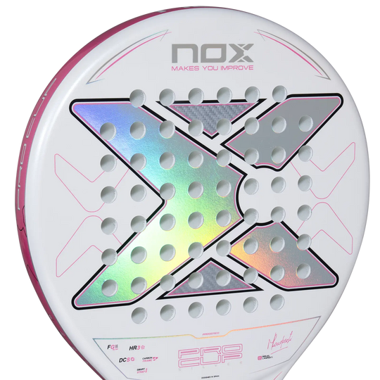 Nox ML10 Pro Cup Silver 2027 padel racket close-up showing iridescent X design on white face