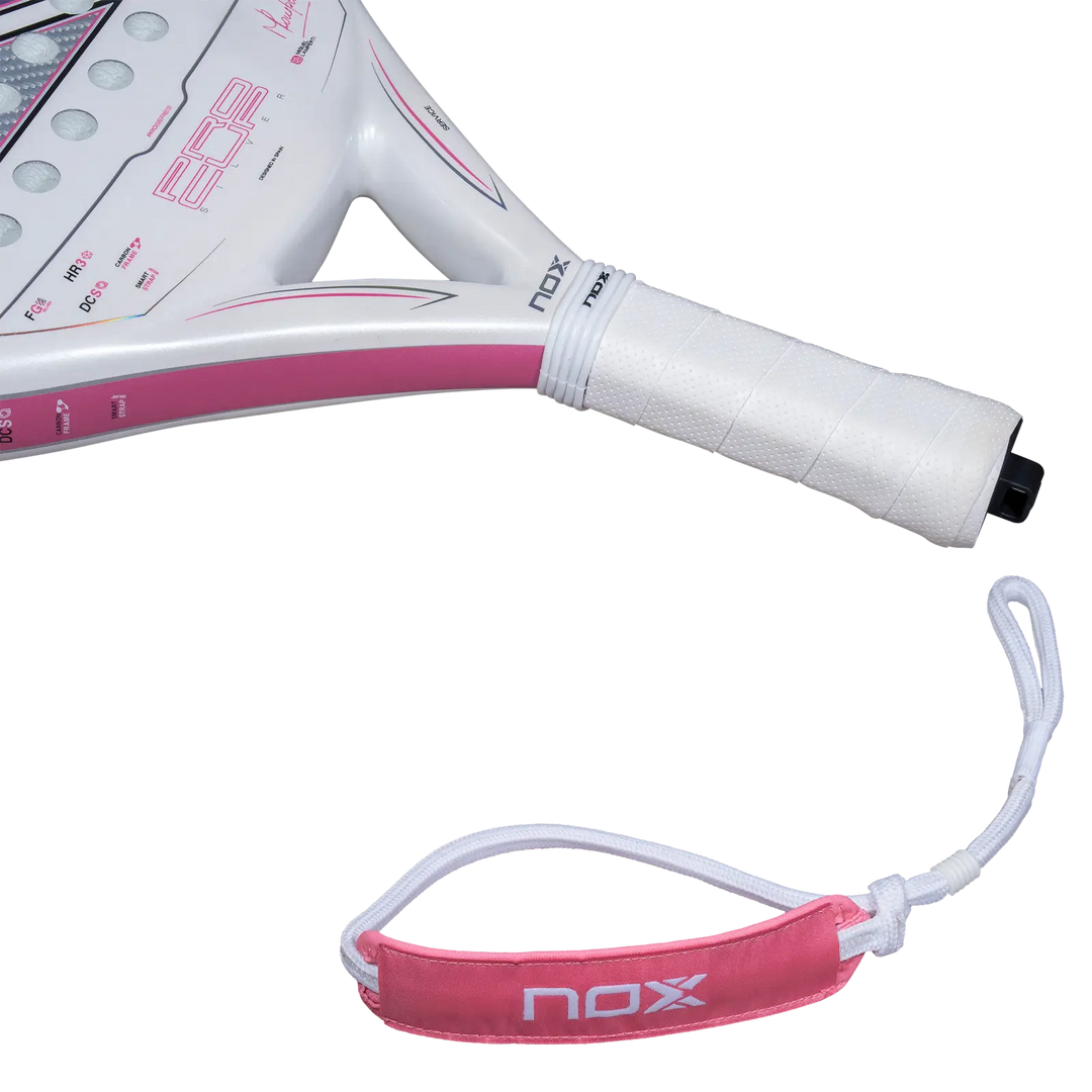 Nox ML10 Pro Cup Silver 2027 padel racket close-up showing white grip, pink wrist strap and silver frame