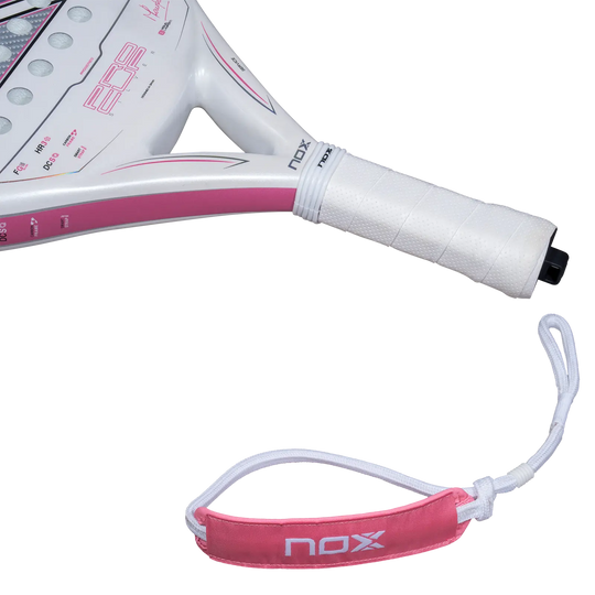 Nox ML10 Pro Cup Silver 2027 padel racket close-up showing white grip, pink wrist strap and silver frame