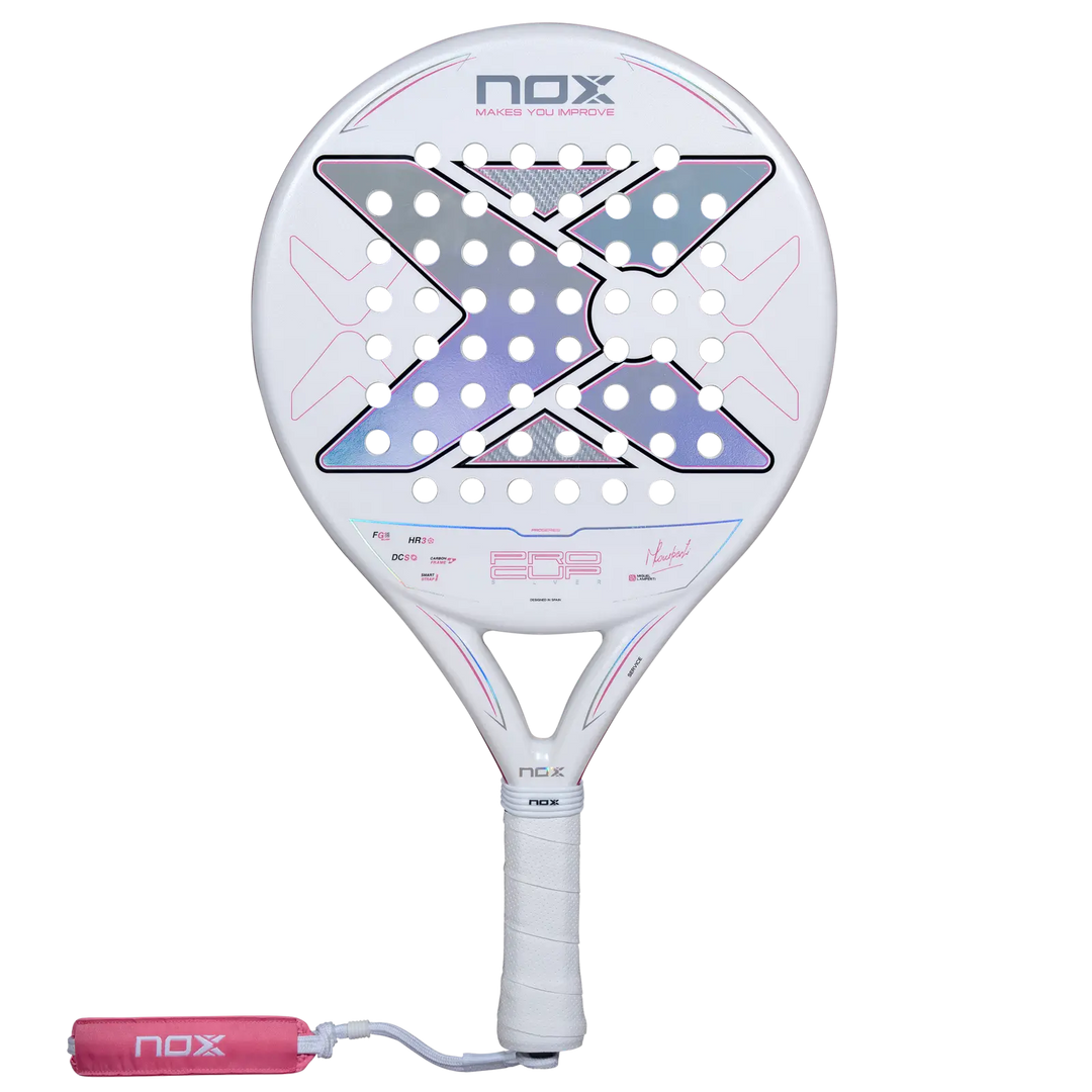 Nox ML10 Pro Cup Silver 2027 padel racket full front view with white and pink design and matching wrist strap