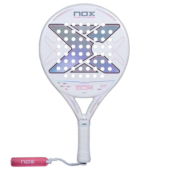Nox ML10 Pro Cup Silver 2027 padel racket full front view with white and pink design and matching wrist strap