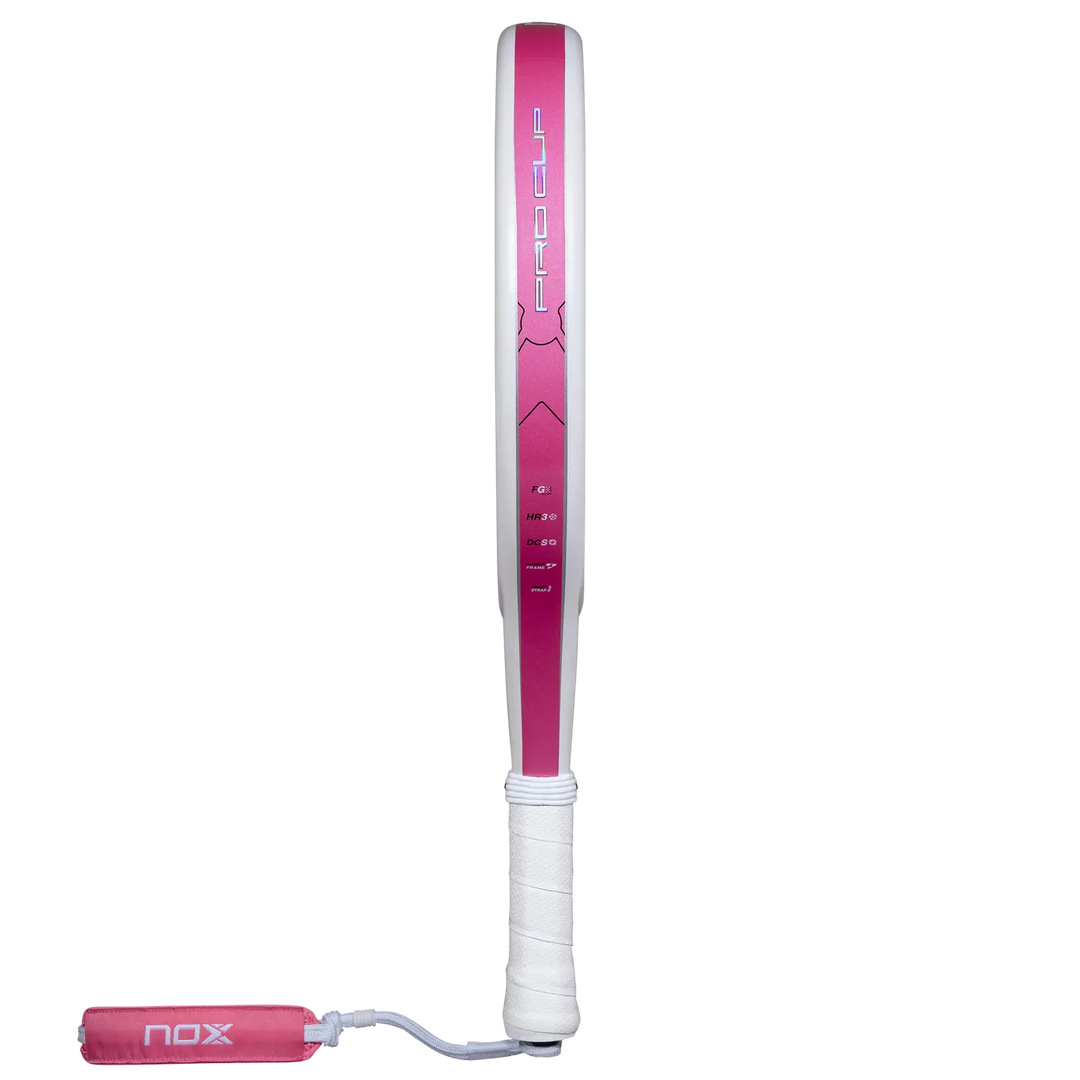 Nox ML10 Pro Cup Silver 2027 padel racket side profile showing pink frame, white grip and wrist strap