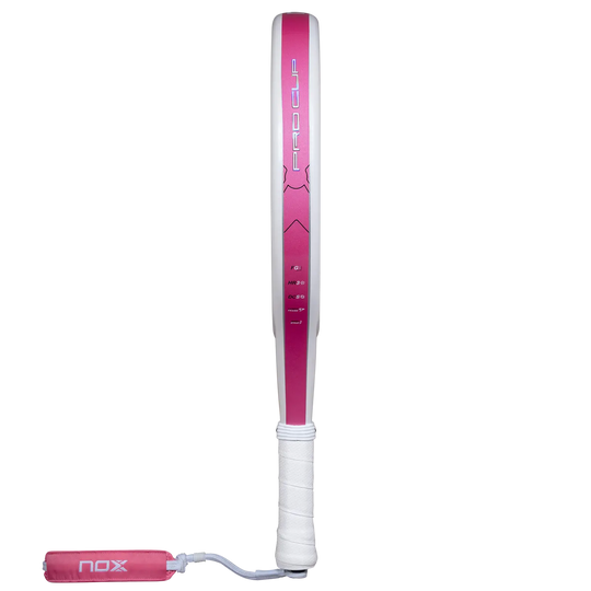 Nox ML10 Pro Cup Silver 2027 padel racket side profile showing pink frame, white grip and wrist strap
