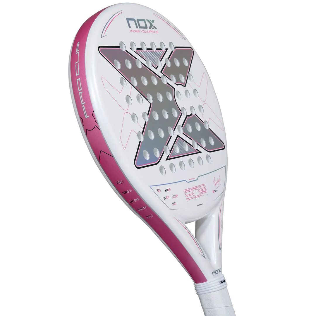 Nox ML10 Pro Cup Silver 2027 padel racket three-quarter view showing pink edge and silver face graphics