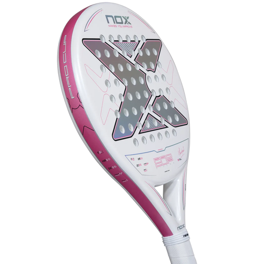 Nox ML10 Pro Cup Silver 2027 padel racket three-quarter view showing pink edge and silver face graphics