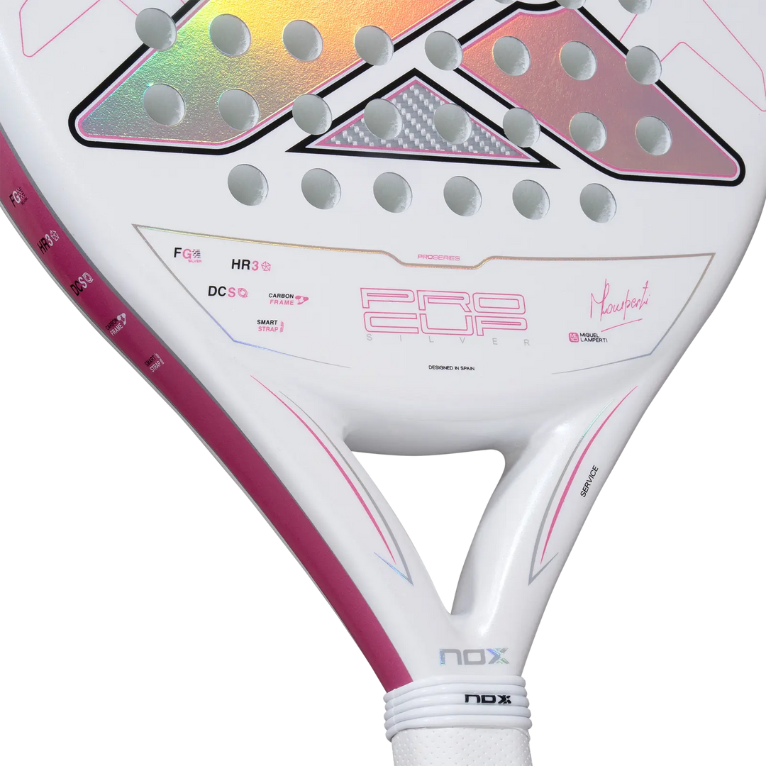 Nox ML10 Pro Cup Silver 2027 padel racket showing Pro Cup Silver branding, throat and white frame