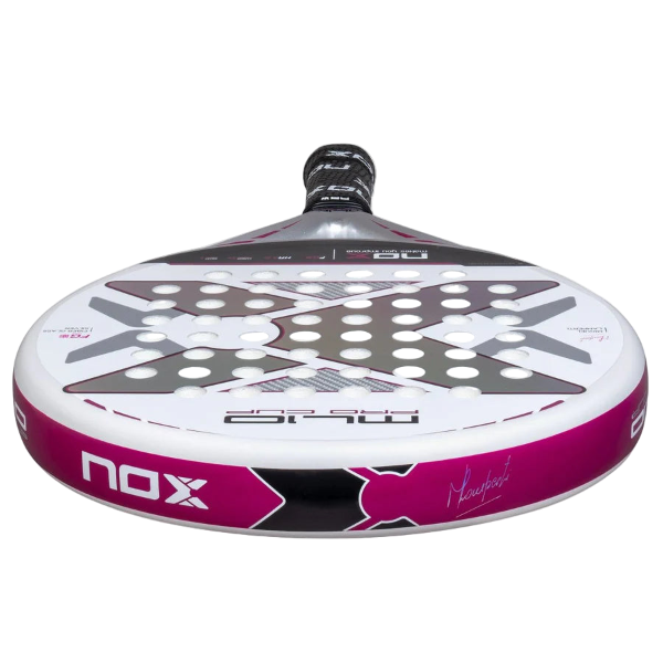 Close-up angled view of the Nox ML10 Pro Cup Silver padel racket showing the white and pink frame.