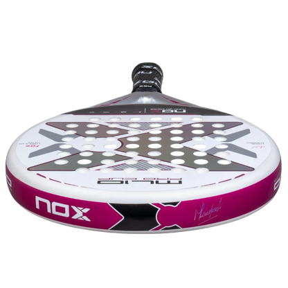Close-up angled view of the Nox ML10 Pro Cup Silver padel racket showing the white and pink frame.