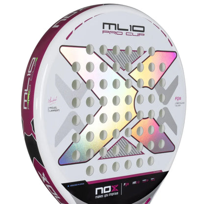 Close-up view of the Nox ML10 Pro Cup Silver padel racket showing the white and pink frame.