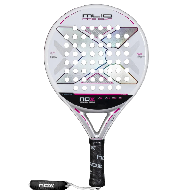 Front view of the Nox ML10 Pro Cup Silver padel racket in white and pink, showing full face design.