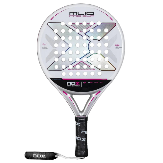 Front view of the Nox ML10 Pro Cup Silver padel racket in white and pink, showing full face design.
