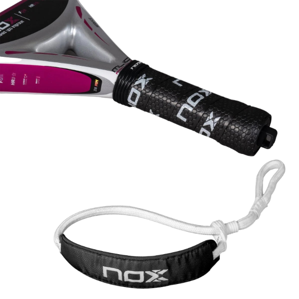 Close-up handle view of the Nox ML10 Pro Cup Silver padel racket showing strap.