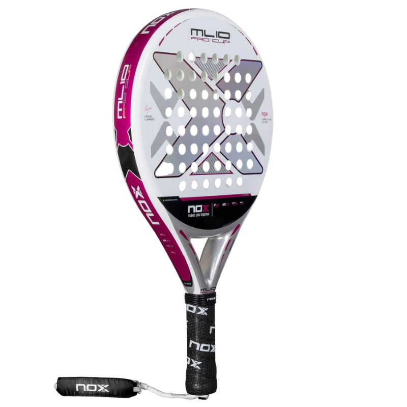 Side view of the Nox ML10 Pro Cup Silver padel racket showing white, silver and pink design.