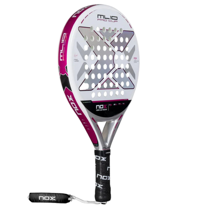 Side view of the Nox ML10 Pro Cup Silver padel racket showing white, silver and pink design.