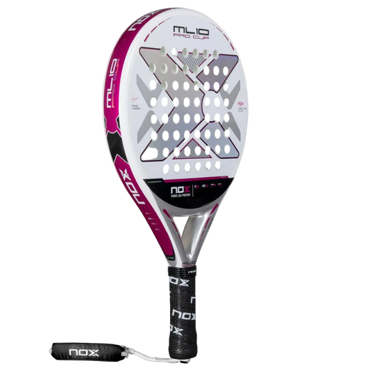 Side view of the Nox ML10 Pro Cup Silver padel racket showing white, silver and pink design.