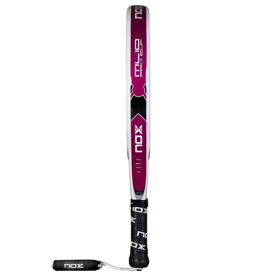 Side profile of the Nox ML10 Pro Cup Silver padel racket showing the white and pink frame