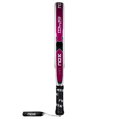 Side profile of the Nox ML10 Pro Cup Silver padel racket showing the white and pink frame