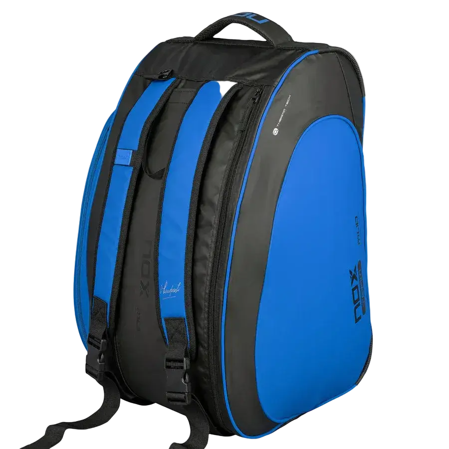 Nox ML10 Team padel bag black and blue backpack straps view, designed for all level players