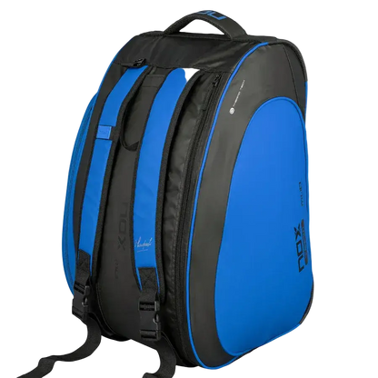 Nox ML10 Team padel bag black and blue backpack straps view, designed for all level players
