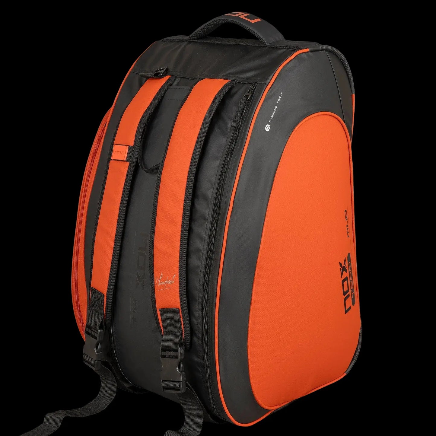 Nox ML10 Team padel bag black and clay backpack straps view, designed for all level players