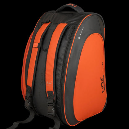 Nox ML10 Team padel bag black and clay backpack straps view, designed for all level players