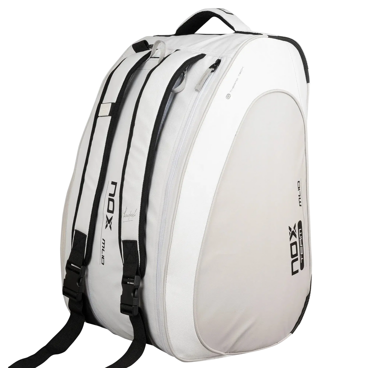 Nox ML10 Team padel bag white and grey backpack straps view, designed for all level players