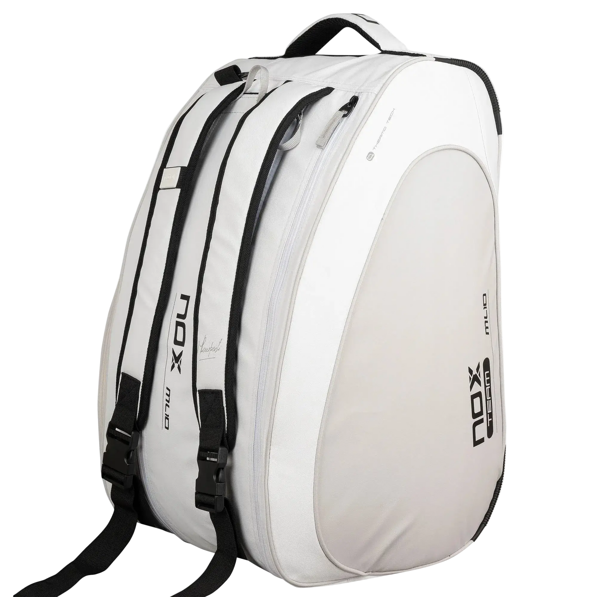 Nox ML10 Team padel bag white and grey backpack straps view, designed for all level players