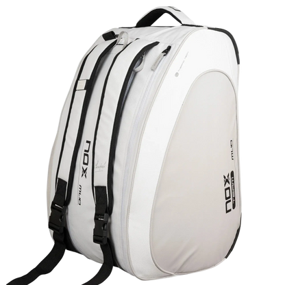 Nox ML10 Team padel bag white and grey backpack straps view, designed for all level players