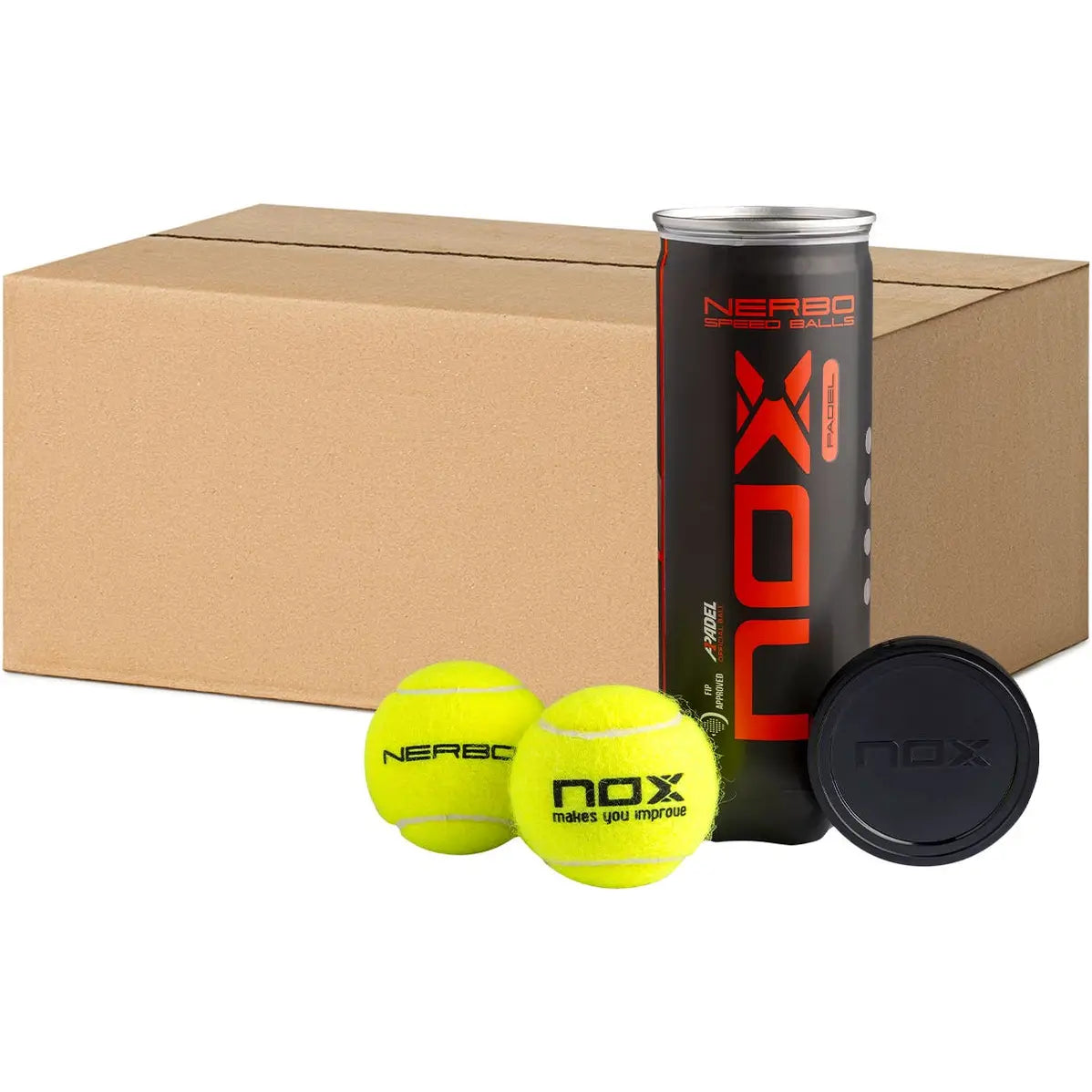 Nox NERBO padel balls 24 tube box main view with official match balls, designed for all level players