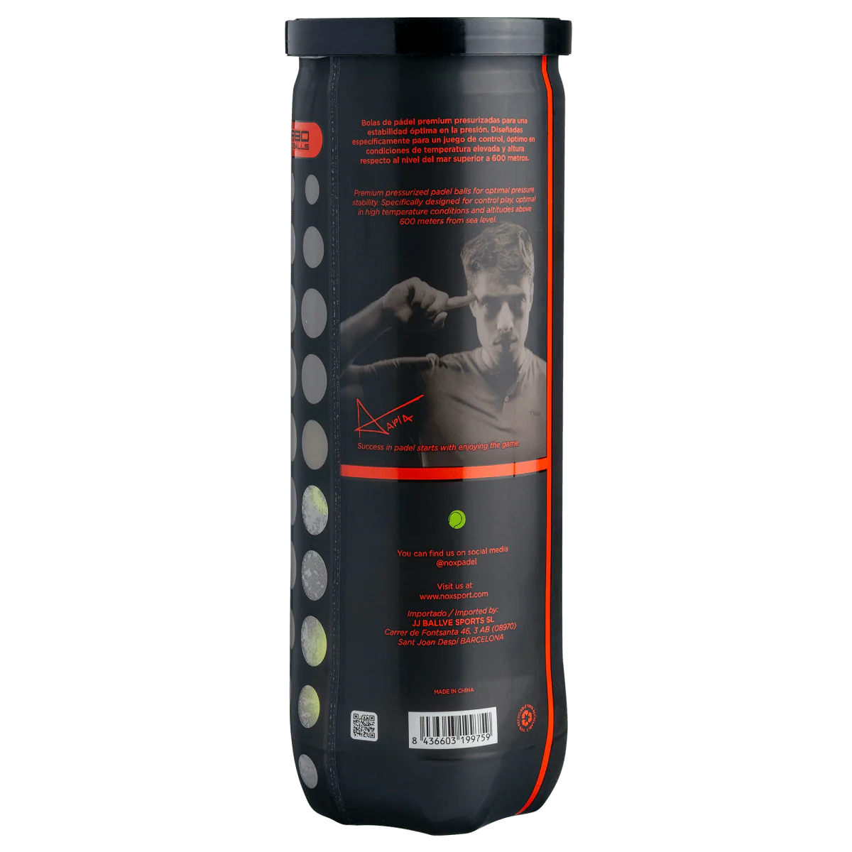 Nox Nerbo padel balls tube back view showing product information and branding on ball can