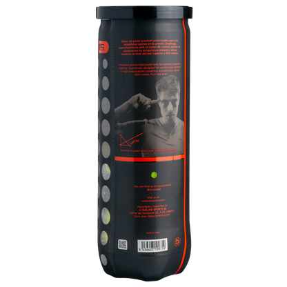 Nox Nerbo padel balls tube back view showing product information and branding on ball can