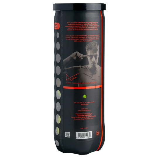 Nox Nerbo padel balls tube back view showing product information and branding on ball can
