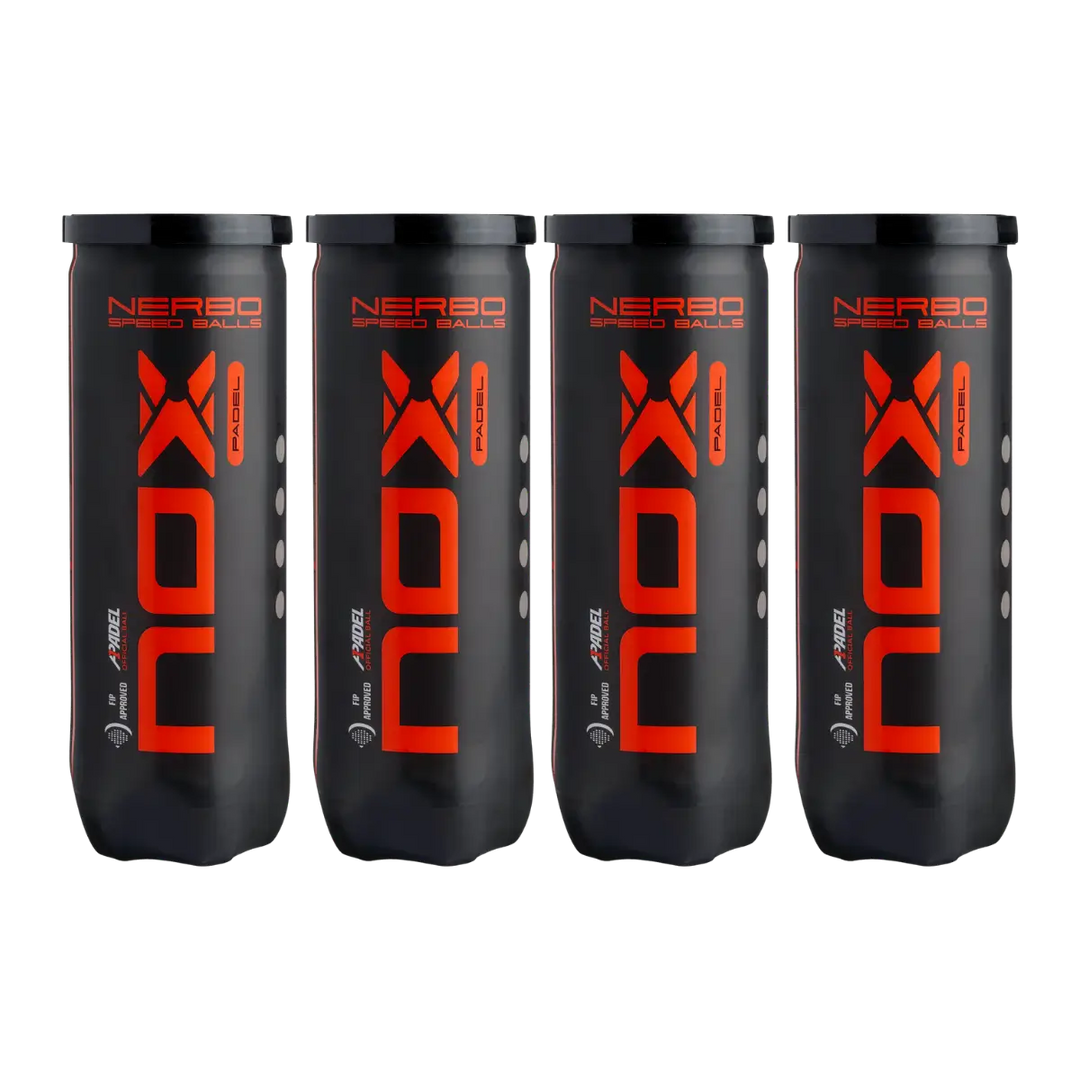 Nox Nerbo padel balls 4 tubes front view showing bold Nox branding and Nerbo speed balls design