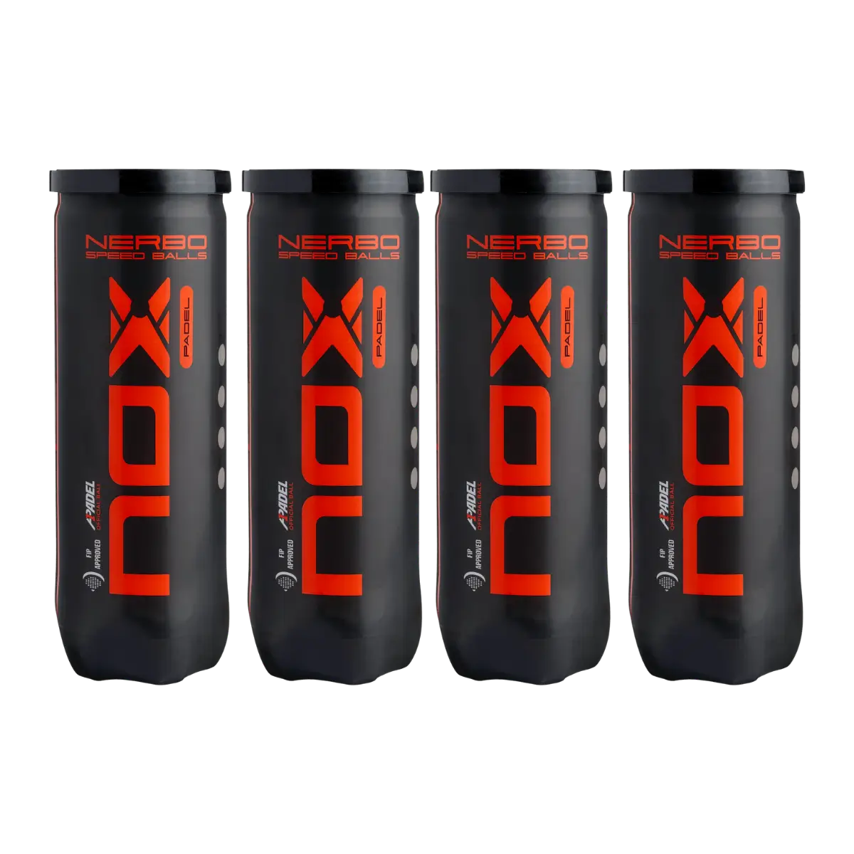Nox Nerbo padel balls 4 tubes front view showing bold Nox branding and Nerbo speed balls design