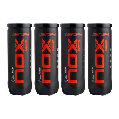 Nox Nerbo padel balls 4 tubes front view showing bold Nox branding and Nerbo speed balls design