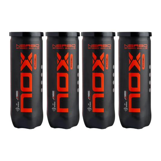 Nox Nerbo padel balls 4 tubes front view showing bold Nox branding and Nerbo speed balls design