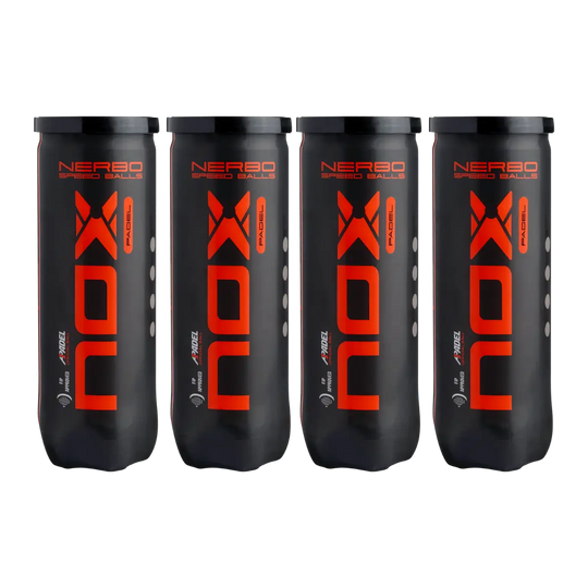 Nox Nerbo padel balls 4 tubes front view showing bold Nox branding and Nerbo speed balls design