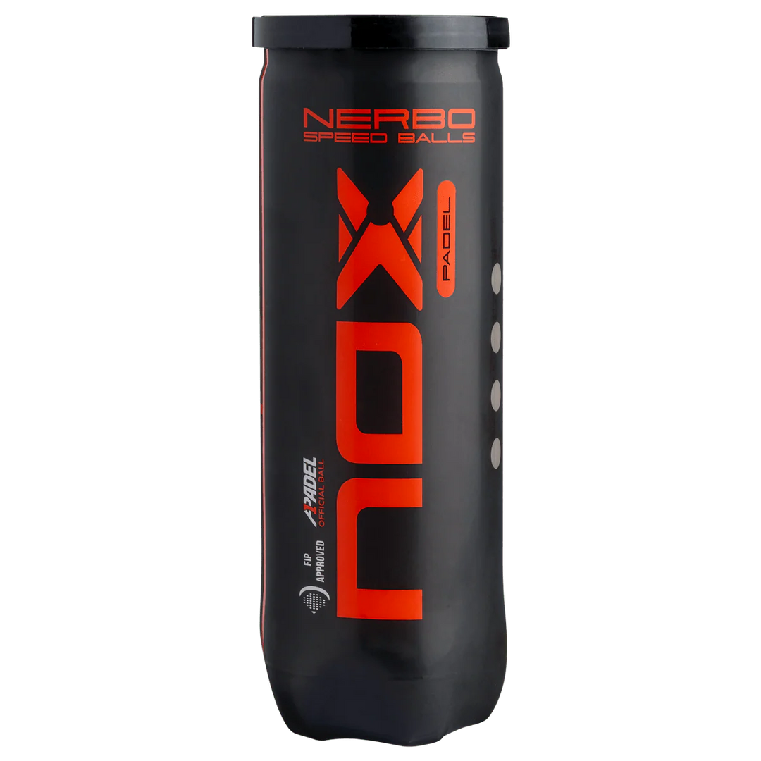 Nox Nerbo padel balls tube front view showing bold Nox branding and Nerbo speed balls design