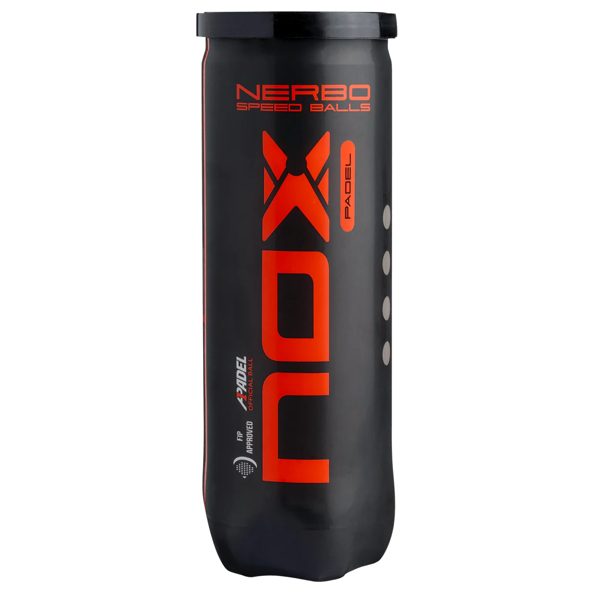 Nox Nerbo padel balls tube front view showing bold Nox branding and Nerbo speed balls design