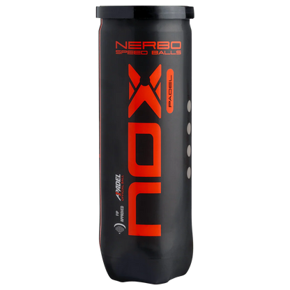 Nox Nerbo padel balls tube front view showing bold Nox branding and Nerbo speed balls design