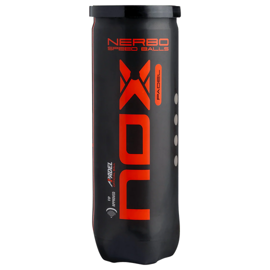 Nox Nerbo padel balls tube front view showing bold Nox branding and Nerbo speed balls design