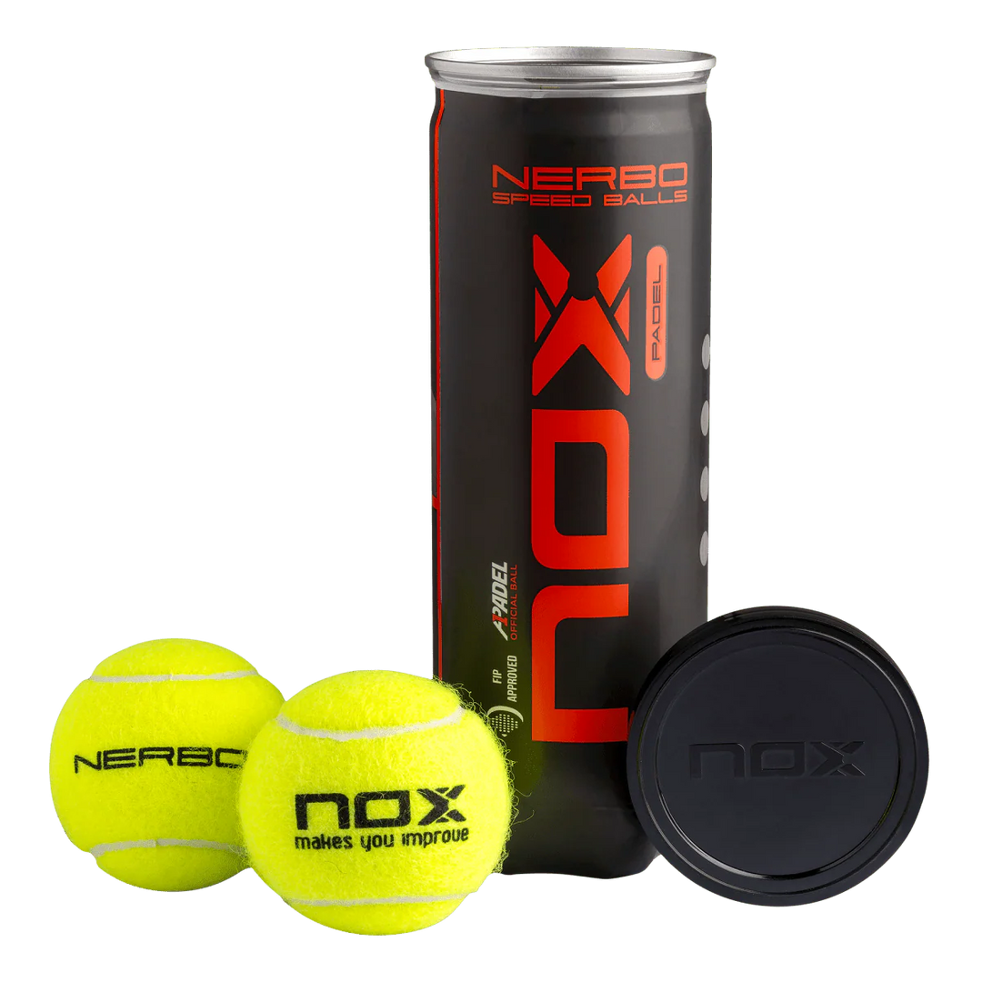 Nox Nerbo padel balls tube with three balls and lid removed, premium pressurised padel balls