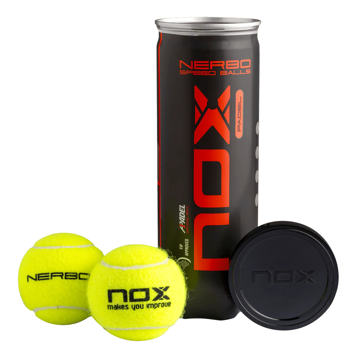 Nox Nerbo padel balls tube with three balls and lid removed, premium pressurised padel balls