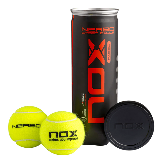 Nox Nerbo padel balls tube with three balls and lid removed, premium pressurised padel balls