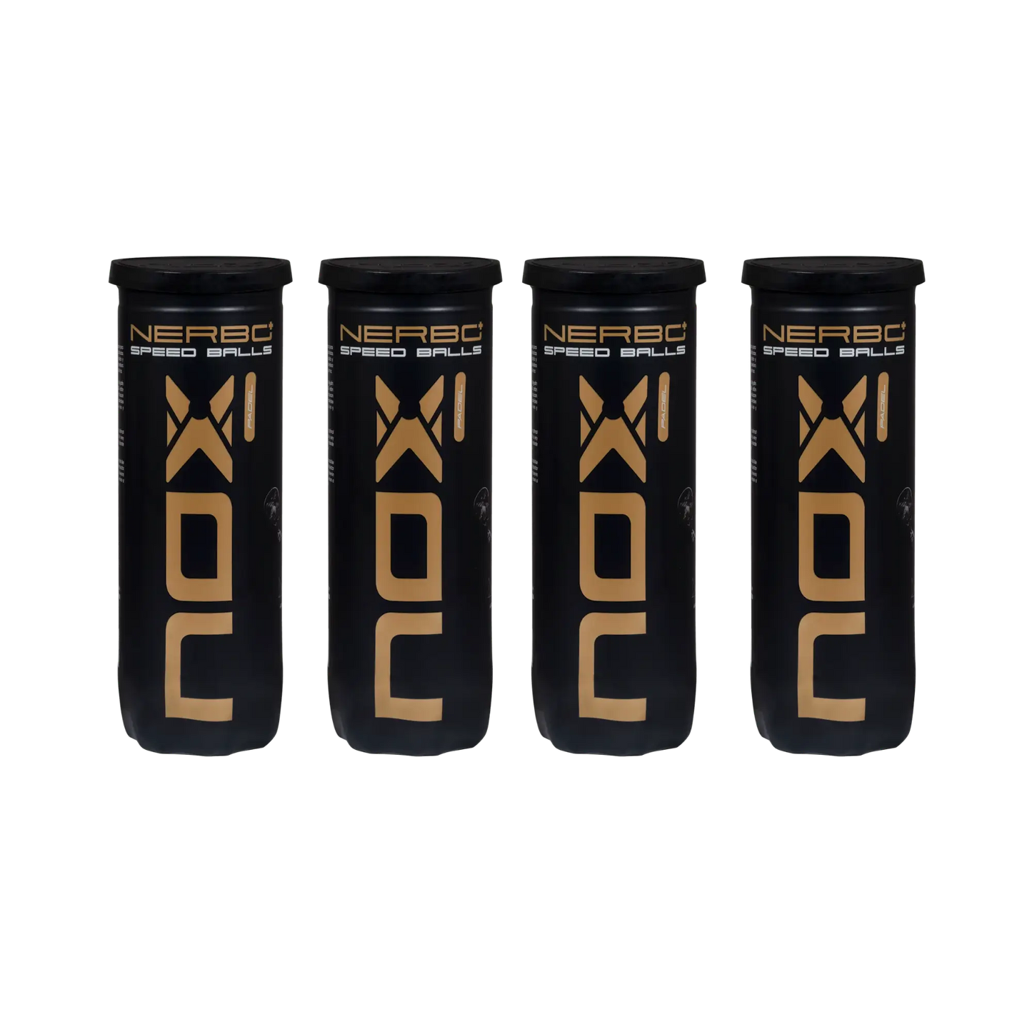 Nox Nerbo+ Speed padel balls 4 tube bundle showing black and gold tubes for fast play