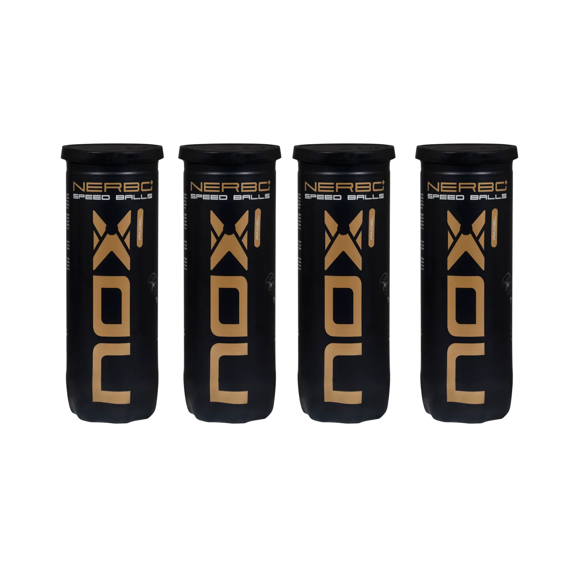 Nox Nerbo+ Speed padel balls 4 tube bundle showing black and gold tubes for fast play