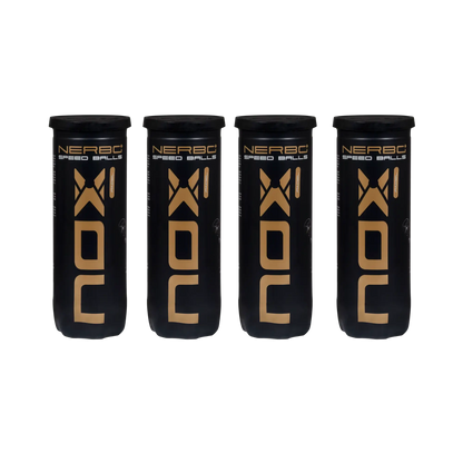 Nox Nerbo+ Speed padel balls 4 tube bundle showing black and gold tubes for fast play